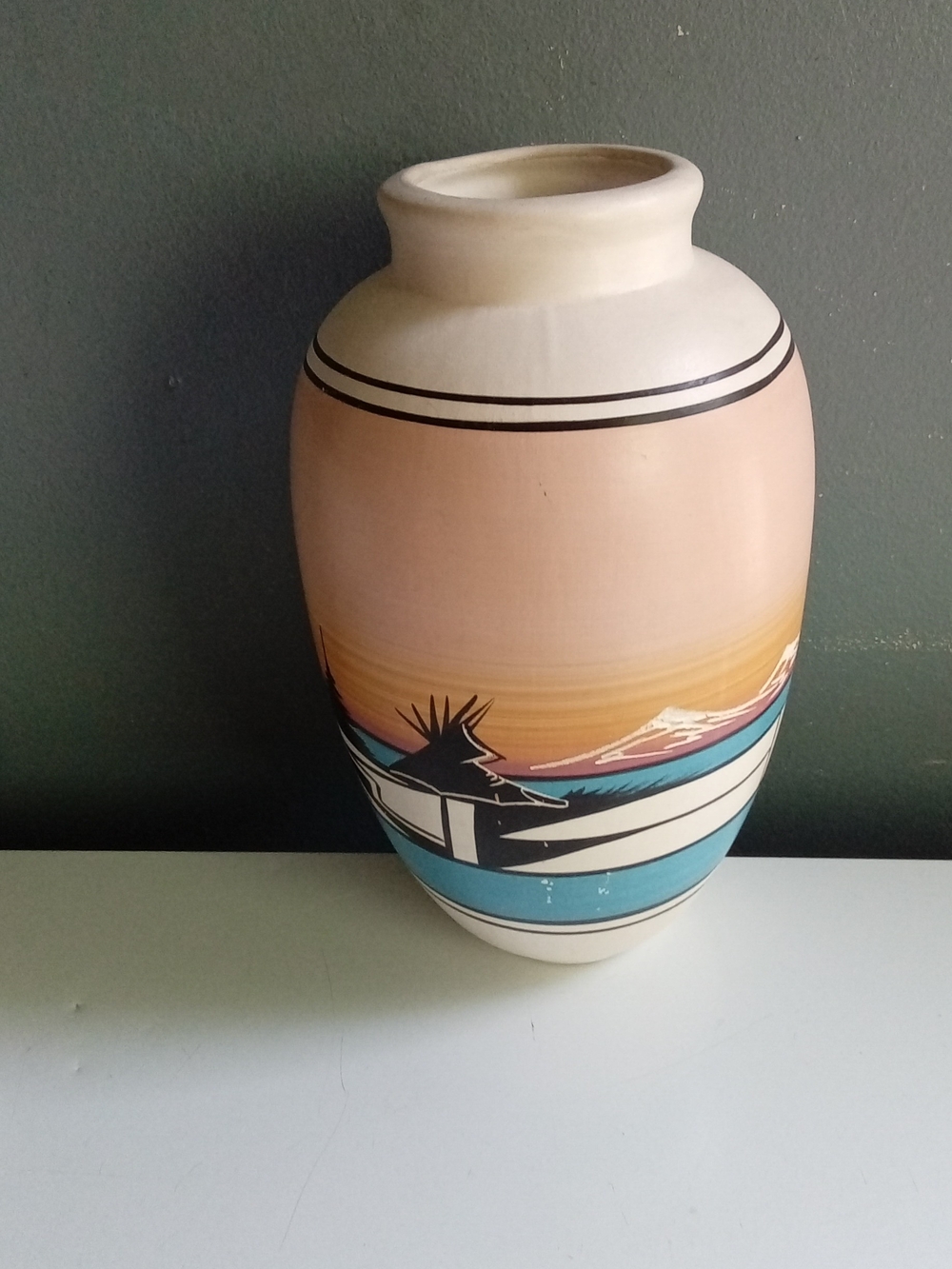 Southwestern Hand Painted Ceramic Vase Desert Landscape Mountain Scene Decor